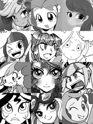 Size: 750x1000 | Tagged: safe, artist:k-nattoh, applejack, fluttershy, lemon zest, octavia melody, pinkie pie, rainbow dash, rarity, sonata dusk, sunset shimmer, twilight sparkle, equestria girls, doujin, goggles, grayscale, humane six, kiss on the cheek, kissing, looking at you, monochrome