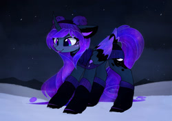 Size: 2332x1649 | Tagged: safe, artist:magnaluna, derpibooru import, princess luna, alicorn, pony, clothes, color porn, cute, female, galaxy mane, happy, lunabetes, mare, smiling, snow, solo, tongue out, zefiros codex