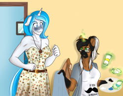 Size: 1024x795 | Tagged: safe, artist:blackblood-queen, derpibooru import, oc, oc only, oc:bubble lee, oc:imago, oc:lady lovegreen, anthro, dracony, hybrid, unicorn, anthro oc, blushing, breasts, broken horn, clothes, dress, female, glasses, magic, mother, paint, story in the source, story included