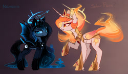 Size: 2828x1653 | Tagged: safe, artist:magnaluna, derpibooru import, princess celestia, princess luna, alicorn, bat pony, bat pony alicorn, alternate design, alternate hairstyle, alternate universe, armor, colored wings, colored wingtips, duo, elemental pony, female, galaxy mane, gradient background, halo, horseshoes, hybrid wings, luna is not amused, lunabat, mane of fire, mare, race swap, simple background, smiling, unamused