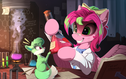 Size: 2400x1515 | Tagged: safe, artist:yakovlev-vad, derpibooru import, oc, oc only, oc:gadget, oc:precious metal, ghost, pegasus, pony, book, chemistry, clothes, female, friends, goggles, grin, lab coat, mare, patreon, patreon reward, potion, safety goggles, smiling