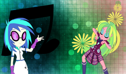 Size: 952x560 | Tagged: dead source, safe, artist:indigo-zap, dj pon-3, lemon zest, vinyl scratch, equestria girls, friendship games, dancing, krumping, vector