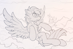 Size: 2150x1455 | Tagged: safe, artist:yakovlev-vad, derpibooru import, oc, oc only, pegasus, pony, canterlot, cloud, male, monochrome, sketch, solo, stallion