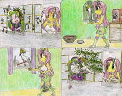 Size: 814x639 | Tagged: safe, artist:meiyeezhu, fluttershy, lemon zest, bird, equestria girls, friendship games, annoyed, apartment, bad singing, basket, bird cage, cage, cleavage, clothes, cockatoo, comic, covering ears, crystal prep academy uniform, eyes closed, female, frown, glare, gritted teeth, headphones, karaoke, microphone, mouse hole, music notes, old master q, open mouth, parody, pecking, pet, school uniform, screech, singing, skirt, smiling, sour note, squawk, stick, tanktop, traditional art, wavy mouth, wide eyes, window