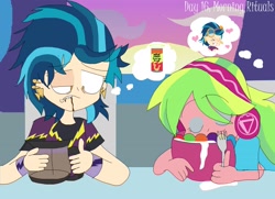 Size: 3543x2562 | Tagged: safe, artist:rainbowyoshi305, indigo zap, lemon zest, equestria girls, friendship games, cereal, coffee, coffee machine, female, food, fork, lemonzap, lesbian, shipping, sleeping, thinking, tired