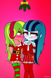 Size: 1480x2224 | Tagged: dead source, safe, artist:cbear624, lemon zest, sonata dusk, equestria girls, alternate hairstyle, blushing, clothes, female, headphones, holly, holly mistaken for mistletoe, imminent kissing, lemonata, lesbian, santa costume, shipping, smiling, socks, stockings, striped socks