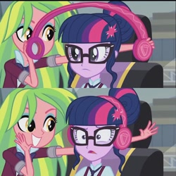 Size: 1080x1080 | Tagged: safe, lemon zest, sci-twi, twilight sparkle, equestria girls, headphones, shrunken pupils