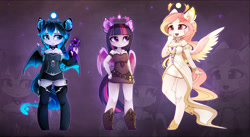 Size: 3709x2034 | Tagged: safe, artist:magnaluna, derpibooru import, princess celestia, princess luna, twilight sparkle, twilight sparkle (alicorn), alicorn, anthro, unguligrade anthro, alternate hairstyle, alternate universe, ambiguous facial structure, bat wings, belt, belt buckle, boots, bracelet, breasts, cheek fluff, choker, cleavage, clothes, colored wings, corset, cute, cutelestia, cutie mark necklace, dress, ear fluff, evening gloves, gloves, headlight sparkle, jewelry, knife, long gloves, looking at something, lunabetes, magic, magic orb, nail polish, necklace, open mouth, princess balloona, princess breastia, regalia, scabbard, scroll, shoes, shoulderless, smiling, socks, thigh highs, twiabetes, zettai ryouiki