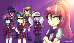 Size: 1786x1029 | Tagged: safe, artist:akapiiart, edit, indigo zap, lemon zest, sci-twi, sour sweet, sugarcoat, sunny flare, twilight sparkle, equestria girls, friendship games, clothes, cropped, crystal prep academy uniform, crystal prep shadowbolts, looking at you, scene interpretation, school uniform, shadow six