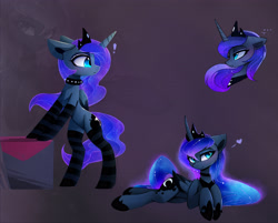 Size: 3559x2863 | Tagged: safe, artist:magnaluna, derpibooru import, princess luna, alicorn, pony, ..., bipedal, bipedal leaning, blushing, bust, chest fluff, clothes, colored wings, crown, eyeshadow, female, heart, heart eyes, jewelry, leaning, lidded eyes, looking at you, looking back, makeup, mare, regalia, smiling, socks, solo, striped socks, wingding eyes, zoom layer
