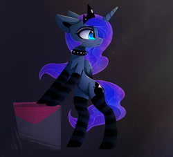 Size: 1561x1415 | Tagged: safe, artist:magnaluna, derpibooru import, princess luna, alicorn, pony, bipedal, bipedal leaning, blushing, chest fluff, clothes, collar, crown, eyeshadow, female, heart eyes, jewelry, leaning, looking back, makeup, mare, missing accessory, regalia, socks, solo, striped socks, wingding eyes