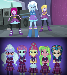 Size: 1280x1434 | Tagged: safe, fuchsia blush, indigo zap, lavender lace, lemon zest, sour sweet, sugarcoat, sunny flare, trixie, equestria girls, friendship games, rainbow rocks, boots, clothes, crossed arms, crystal prep academy uniform, crystal prep shadowbolts, female, freckles, glasses, goggles, headphones, high heel boots, high heels, jacket, leggings, looking at you, pantyhose, school uniform, shadow five, skirt, trixie and the illusions