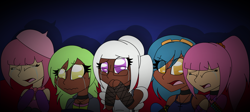 Size: 3975x1779 | Tagged: safe, artist:silenceshadowwolf, indigo zap, lemon zest, sour sweet, sugarcoat, sunny flare, equestria girls, friendship games, alternate hairstyle, bracelet, collar, covering mouth, crying, dark skin, diversity, eyes closed, goggles, hat, jewelry, necklace, sad, shadow five, spiked collar