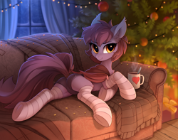 Size: 2300x1813 | Tagged: safe, alternate version, artist:tomatocoup, artist:yakovlev-vad, derpibooru import, oc, oc only, oc:ventress, bat pony, pony, collaboration, adorasexy, bat pony oc, christmas, christmas tree, clothes, coffee mug, cute, female, holiday, looking at you, mare, mug, plot, sexy, smiling, socks, sofa, solo, striped socks, sweet dreams fuel, tree, underhoof