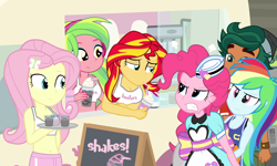 Size: 1000x600 | Tagged: safe, artist:dm29, fluttershy, lemon zest, pinkie pie, rainbow dash, sunset shimmer, timber spruce, coinky-dink world, eqg summertime shorts, equestria girls, belly button, breasts, hooters, midriff, milkshake, server pinkie pie, smug, smugset shimmer