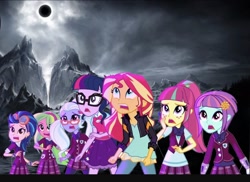 Size: 2048x1489 | Tagged: safe, editor:php77, indigo zap, lemon zest, sci-twi, sour sweet, sugarcoat, sunny flare, sunset shimmer, twilight sparkle, equestria girls, cropped, scared, shadow five