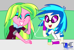 Size: 1874x1256 | Tagged: safe, artist:tommychipmunk, dj pon-3, lemon zest, vinyl scratch, equestria girls