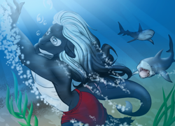 Size: 1024x737 | Tagged: safe, artist:blackblood-queen, derpibooru import, oc, oc only, oc:mako, anthro, orca pony, original species, shark, anthro oc, bubble, clothes, floppy ears, partial nudity, scar, sharp teeth, story in the source, story included, sunlight, swimming, swimming trunks, teeth, topless, underwater