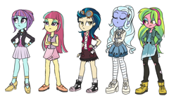 Size: 1000x549 | Tagged: safe, artist:kul, indigo zap, lemon zest, sour sweet, sugarcoat, sunny flare, equestria girls, alternate costumes, alternate hairstyle, casual, clothes, converse, crystal prep shadowbolts, dress, goggles, headphones, jacket, loose hair, pantyhose, shadow five, shoes, sneakers, stockings, trace