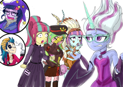 Size: 2062x1456 | Tagged: safe, artist:kul, chief thunderhooves, indigo zap, lemon zest, midnight sparkle, sci-twi, sour sweet, star swirl the bearded, sugarcoat, sunny flare, twilight sparkle, buffalo, equestria girls, angry, ashamed, clothes, costume, crying, crystal prep shadowbolts, do not want, equal cutie mark, facepalm, halloween, halloween costume, irony, nightmare night, pirate, ptsd, sci-twi's nightmare, shadow five, shrug, simple background, sketch, star swirl the bearded costume, too soon, traumatized, weapon, white background