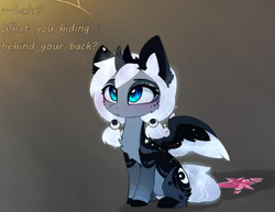 Size: 2525x1950 | Tagged: safe, artist:magnaluna, derpibooru import, princess luna, alicorn, pony, alternate design, alternate hairstyle, alternate universe, blushing, broken, chest fluff, cute, dialogue, element of magic, female, fluffy, gradient background, grammar error, implied princess celestia, lunabetes, mare, offscreen character, pigtails, sitting, solo, twintails