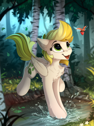 Size: 1800x2399 | Tagged: safe, artist:yakovlev-vad, derpibooru import, oc, oc only, oc:dandelion blossom, beetle, insect, pegasus, pony, berry, birch, chest fluff, female, food, forest, mare, open mouth, river, running, scenery, solo, strawberry, stream