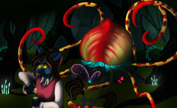 Size: 1024x623 | Tagged: safe, artist:blackblood-queen, derpibooru import, oc, oc only, oc:annie belle, anthro, dracony, hybrid, unicorn, anthro oc, clothes, everfree forest, female, forest, glowing eyes, mare, plant, potion, shirt, slit eyes, story in the source, sweat, vest