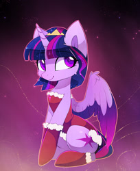 Size: 1252x1532 | Tagged: safe, artist:magnaluna, derpibooru import, twilight sparkle, twilight sparkle (alicorn), alicorn, pony, abstract background, alternate hairstyle, blue mane, blue tail, cheek fluff, christmas, clothes, colored pupils, colored wings, colored wingtips, costume, crown, cute, cutie mark, ear fluff, eyelashes, female, holiday, horn, jewelry, long tail, looking away, mare, multicolored mane, multicolored tail, pink mane, pink tail, purple mane, purple tail, regalia, santa costume, short mane, sitting, smiling, solo, stars, tail, twiabetes, wing fluff, wings
