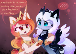 Size: 2196x1550 | Tagged: safe, artist:magnaluna, derpibooru import, princess celestia, princess luna, alicorn, pony, :<, :o, abstract background, alternate design, blushing, cheek fluff, colored wings, colored wingtips, confused, curved horn, cute, cutelestia, dialogue, duo, ethereal mane, female, galaxy mane, hug, implied lesbian, implied shipping, implied twilestia, jewelry, lunabetes, mare, open mouth, question mark, raised eyebrow, regalia, speech bubble, spread wings, wings