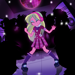 Size: 1024x1024 | Tagged: safe, artist:radiantrealm, lemon zest, equestria girls, friendship games, bowtie, clothes, crystal prep academy, crystal prep academy uniform, crystal prep shadowbolts, cute, dancing, disco ball, eyes closed, fist, headphones, plaid skirt, pleated skirt, rave, school uniform, shoes, show accurate, skirt, socks, solo