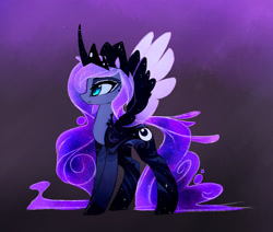 Size: 2326x1977 | Tagged: safe, artist:magnaluna, derpibooru import, princess luna, alicorn, pony, alternate design, alternate universe, body markings, color porn, colored wings, colored wingtips, curved horn, ethereal mane, female, galaxy mane, majestic, mare, missing accessory, older, purple background, simple background, slit eyes, solo, spread wings, wings, zefiros codex