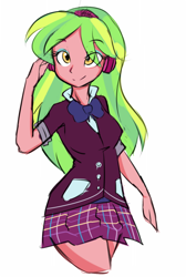 Size: 538x800 | Tagged: safe, artist:jovalic, lemon zest, equestria girls, friendship games, bowtie, clothes, cute, female, headphones, looking at you, school uniform, simple background, skirt, smiling, solo, white background, zestabetes