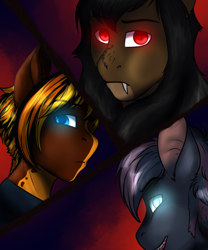 Size: 1024x1232 | Tagged: safe, artist:blackblood-queen, derpibooru import, oc, oc only, oc:daniel dasher, oc:octavus, oc:orpheus, anthro, bat pony, pegasus, anthro oc, bat pony oc, clothes, fangs, glowing eyes, looking at you, male, slit eyes, stallion, trio