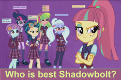 Size: 1276x844 | Tagged: safe, edit, edited screencap, screencap, indigo zap, lemon zest, sci-twi, sour sweet, sugarcoat, sunny flare, twilight sparkle, equestria girls, friendship games, answers in the comments, clothes, crystal prep academy, crystal prep academy uniform, crystal prep shadowbolts, discussion, glasses, pigtails, ponytail, question, school uniform, shadow six, shoes