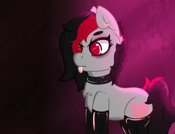Size: 1300x1000 | Tagged: safe, artist:lazerblues, derpibooru import, oc, oc only, oc:miss eri, earth pony, pony, bags under eyes, choker, clothes, collar, ear piercing, female, latex, latex socks, mare, mlem, piercing, silly, socks, solo, tongue out