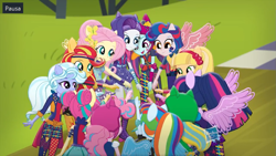 Size: 1079x607 | Tagged: safe, screencap, applejack, fluttershy, indigo zap, lemon zest, pinkie pie, rainbow dash, rarity, sci-twi, sour sweet, sugarcoat, sunny flare, sunset shimmer, twilight sparkle, equestria girls, friendship games, commercial, crystal prep academy, crystal prep shadowbolts, group, mane six, ponied up, scitwilicorn, shadow six, unleash the magic (commercial), wondercolts