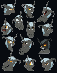 Size: 1840x2350 | Tagged: safe, artist:yakovlev-vad, derpibooru import, oc, oc only, changeling, pony, angry, blushing, changeling oc, expressions, facial expressions, male, open mouth, slit eyes, smiling, smug, solo, thinking