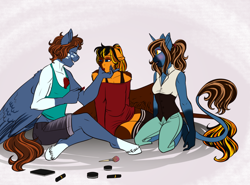 Size: 1024x758 | Tagged: safe, artist:blackblood-queen, derpibooru import, oc, oc only, oc:annie belle, oc:benny duke, oc:daniel dasher, anthro, pegasus, unguligrade anthro, unicorn, anthro oc, clothes, crossdressing, eyes closed, floppy ears, lipstick, siblings, smiling, tanktop