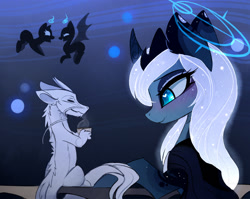 Size: 2154x1713 | Tagged: safe, artist:magnaluna, derpibooru import, princess luna, oc, oc:zefiroth, alicorn, dragon, pony, alternate design, blushing, curved horn, ethereal mane, female, heart eyes, male, mare, smiling, wingding eyes