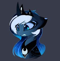 Size: 2068x2098 | Tagged: safe, artist:magnaluna, derpibooru import, princess luna, alicorn, pony, bust, curved horn, cute, fangs, female, gray background, jewelry, lunabetes, mare, regalia, simple background, solo