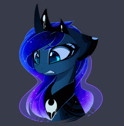 Size: 2068x2098 | Tagged: safe, artist:magnaluna, derpibooru import, princess luna, alicorn, pony, bust, cheek fluff, curved horn, female, gray background, jewelry, mare, regalia, simple background, solo