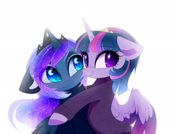 Size: 2197x1711 | Tagged: safe, artist:magnaluna, derpibooru import, princess luna, twilight sparkle, twilight sparkle (alicorn), alicorn, pony, clothes, cute, duo, female, floppy ears, heart eyes, hug, lunabetes, mare, simple background, smiling, starry eyes, sweater, twiabetes, white background, wingding eyes