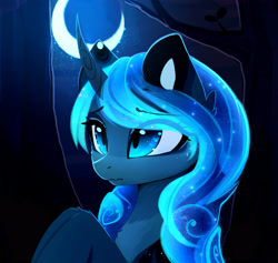 Size: 2924x2772 | Tagged: safe, artist:magnaluna, derpibooru import, princess luna, alicorn, pony, beautiful, bust, cheek fluff, chest fluff, cross-eyed, curved horn, cute, ethereal mane, eye clipping through hair, female, fluffy, frown, leg fluff, looking up, lunabetes, mare, moon, night, solo, starry eyes, starry mane, stars, wavy mouth, wingding eyes