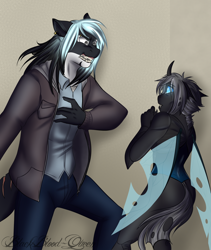 Size: 1764x2089 | Tagged: safe, artist:blackblood-queen, derpibooru import, oc, oc only, oc:imago, oc:mako, anthro, changeling, orca pony, original species, anthro oc, changeling oc, clothes, crying, curved horn, floppy ears, intimidating, looking at each other, scared, snarling, story in the source