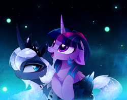 Size: 2868x2258 | Tagged: safe, artist:magnaluna, derpibooru import, princess luna, twilight sparkle, twilight sparkle (alicorn), alicorn, pony, :d, alternate hairstyle, alternate universe, curved horn, cute, daaaaaaaaaaaw, duo, ethereal mane, female, floppy ears, galaxy mane, heart eyes, hnnng, jewelry, magnaluna is trying to murder us, mare, open mouth, regalia, smiling, swirly markings, twiabetes, wingding eyes