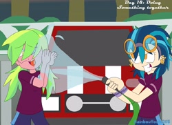 Size: 4114x2975 | Tagged: safe, artist:rainbowyoshi305, indigo zap, lemon zest, equestria girls, friendship games, absurd resolution, car, female, gimp, hose, lemonzap, lesbian, shipping, story in the source