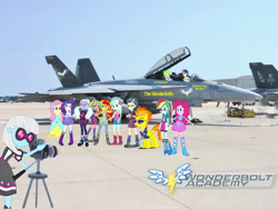 Size: 1024x768 | Tagged: safe, bon bon, cherry crash, indigo zap, lemon zest, lyra heartstrings, photo finish, pinkie pie, rainbow dash, rarity, spitfire, sugarcoat, sweetie drops, equestria girls, boots, equestria girls in real life, f/a-18 hornet, fall formal outfits, group photo, high heel boots, irl, jet, jet fighter, photo, ponies in real life, wonderbolts