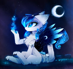 Size: 2093x1974 | Tagged: safe, artist:magnaluna, derpibooru import, oc, oc only, oc:polaris, cat, cat pony, original species, cheek fluff, chest fluff, colored pupils, colored wings, ear fluff, ethereal mane, fusion, galaxy mane, gradient wings, leg fluff, magic, moon, night, paws, sitting, solo, starry eyes, wingding eyes
