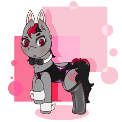 Size: 1500x1500 | Tagged: safe, artist:lazerblues, derpibooru import, oc, oc only, oc:miss eri, earth pony, pony, bags under eyes, blushing, bunny suit, choker, clothes, cufflinks, cuffs (clothes), ear piercing, female, latex, mare, piercing, raised hoof, scar, solo, stockings, thigh highs