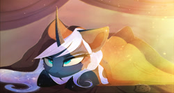 Size: 2520x1344 | Tagged: safe, artist:magnaluna, derpibooru import, princess luna, sunbeam, alicorn, cat pony, original species, pony, alternate hairstyle, alternate universe, blanket, blushing, cookie, ethereal mane, female, food, galaxy mane, grumpy, horn, lying down, mare, prone, slit eyes, solo